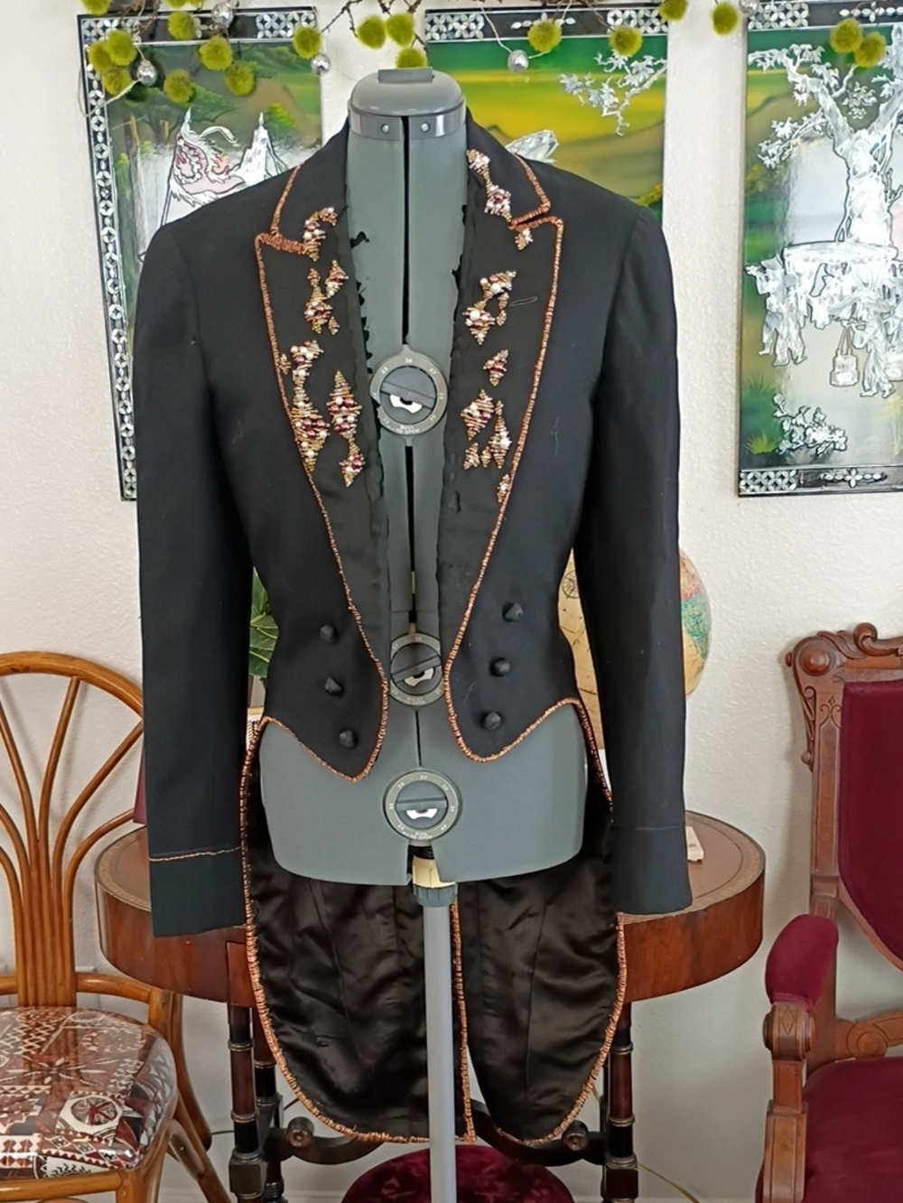 1910s Upcycled Tail Coat Black Wool Size Small